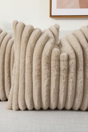 Faux Fur Throw Pillow Covers 18x18 Set of 2, Decorative Soft Plush Striped Couch Pillow Covers with Velvet Back for Sofa, Bed, Living Room, Khaki