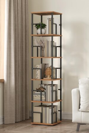 5-Tier Rotating Bookshelf, Freestanding Corner Bookshelf, 360° Spinning Bookcase, Industrial Style Storage Rack with Rails, for Living Room, Bedroom, Study, Rustic Brown and Black