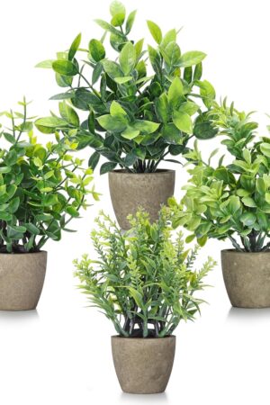 4 Pack Fake Plants Ceramic Mini Artificial Greenery Potted Plants for Home Decor Office Decor Room Decor Farmhouse Decor Indoor Table Bathroom Decor