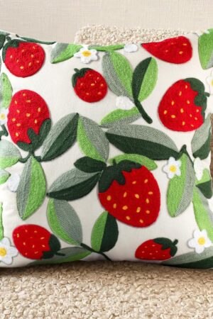 Embroidered Throw Pillow Cover - 18x18 inch Decorative Pillow Covers with Zipper Pillow Cover for Living Room Couch Sofa Bed Aesthetic Design Strawberry Linen Cotton Pillowcase Covers