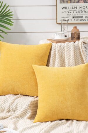Decorative Square Throw Pillow Covers 20x20 Inch set of 2, Super Soft Chenille Farmhouse Pillowcase for Living Room Bedroom Sofa Couch Cushion Cover Gold Yellow 50x50cm/20x20 Inch