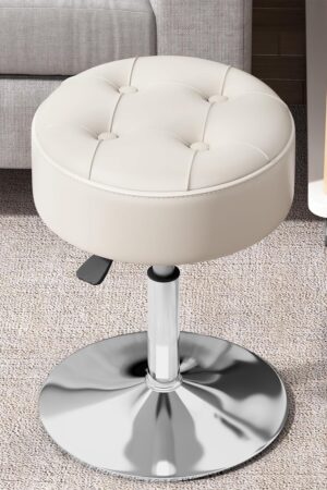 Adjustable White Vanity Stool, Swivel Vanity Chair for Makeup Room, Small Stool Chair for Vanity Bathroom Living Room, Round Ottoman Makeup Chair, PU Leather