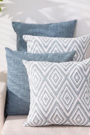 Decorative Throw Pillow Covers Set of 4 Square Couch Pillows Linen Cushion Cover for Couch Sofa Living Room, 18"x18" inches, Blue