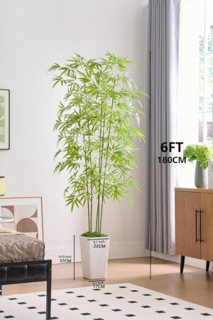 Artificial Bamboo Tree, 6FT Faux Tree with Tall Planter, Tall Fake Plants Faux Silk Plant, Artificial Fake Trees for Home Office Indoor Outdoor Decor,5 Natural Bamboo Trunks and Lifelike Leaves