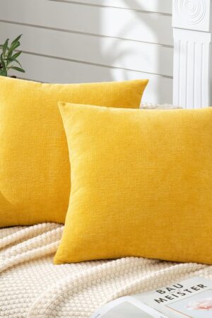 Decorative Square Throw Pillow Covers 20x20 Inch set of 2, Super Soft Chenille Farmhouse Pillowcase for Living Room Bedroom Sofa Couch Cushion Cover Gold Yellow 50x50cm/20x20 Inch